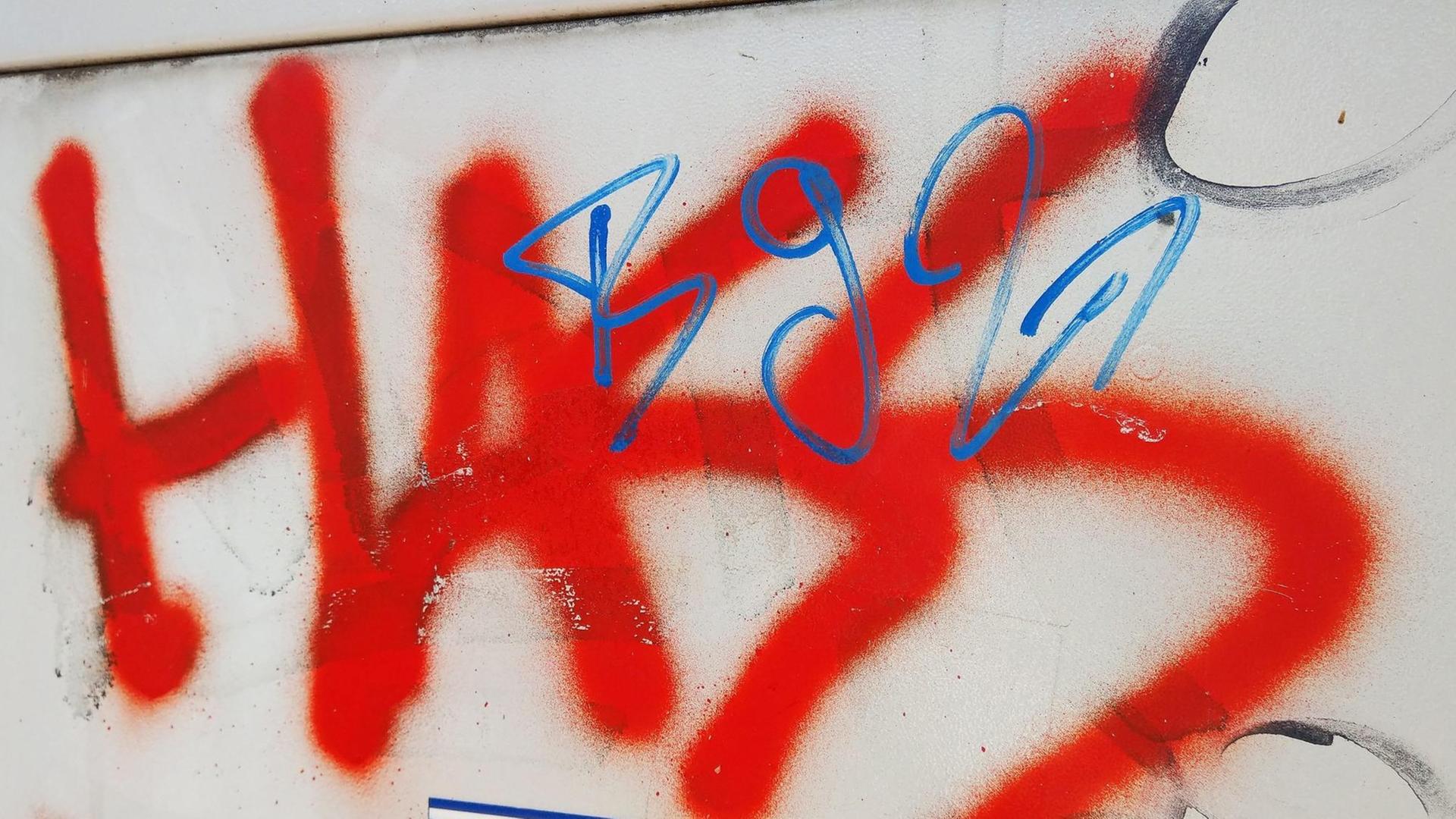 Das Wort "Hass" steht gesprüht in roter Farbe auf einem Stromkasten Das Wort "Hass" steht gesprüht in roter Farbe auf einem Stromkasten