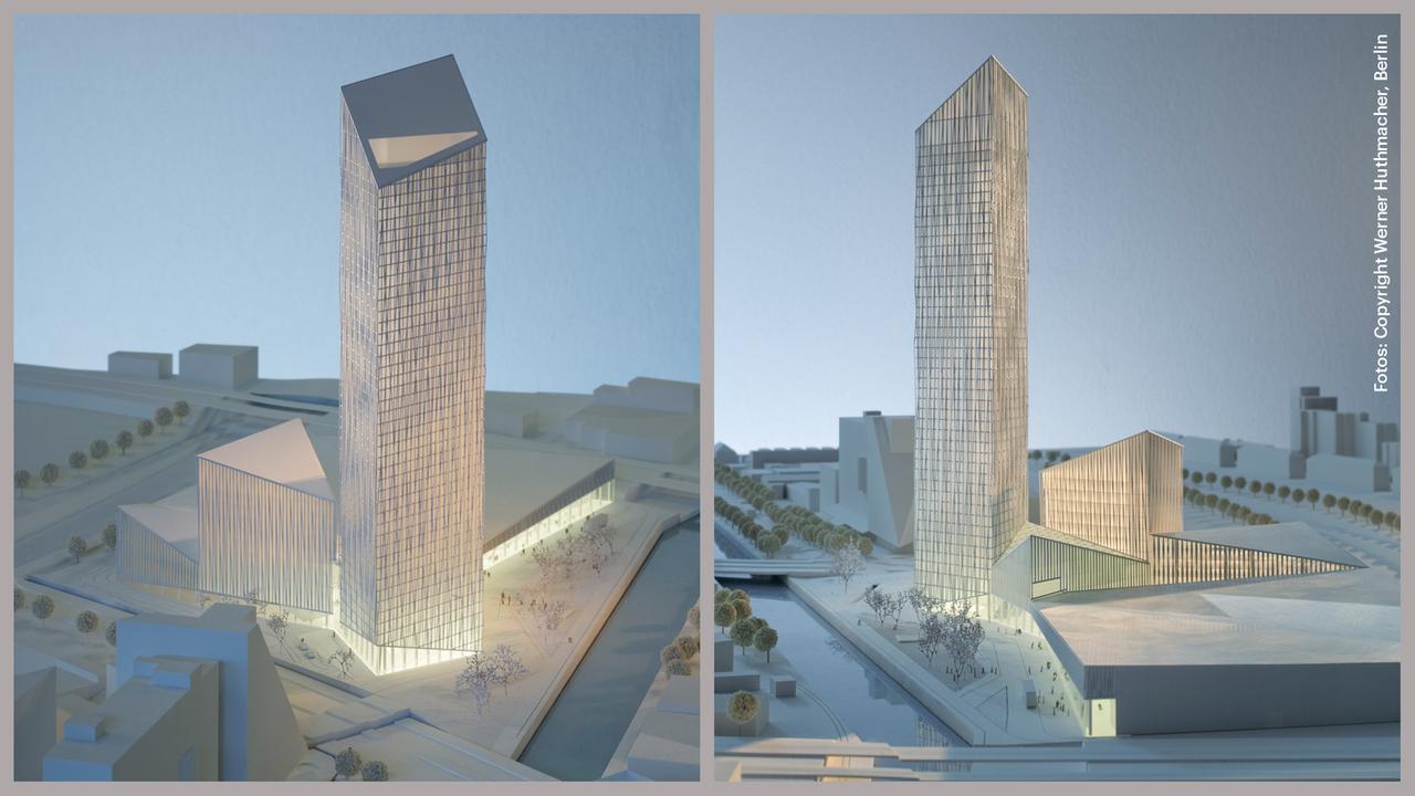Zwei Ansichten des geplanten Estrel Towers in Berlin-Neukölln, montiert in einem Bild