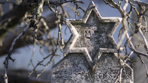 Detail eines Grabsteins auf einem jüdischen Friedhof: Zu sehen ist ein steinerner Davidstern, im Hintergrund Zweige eines Baumes.