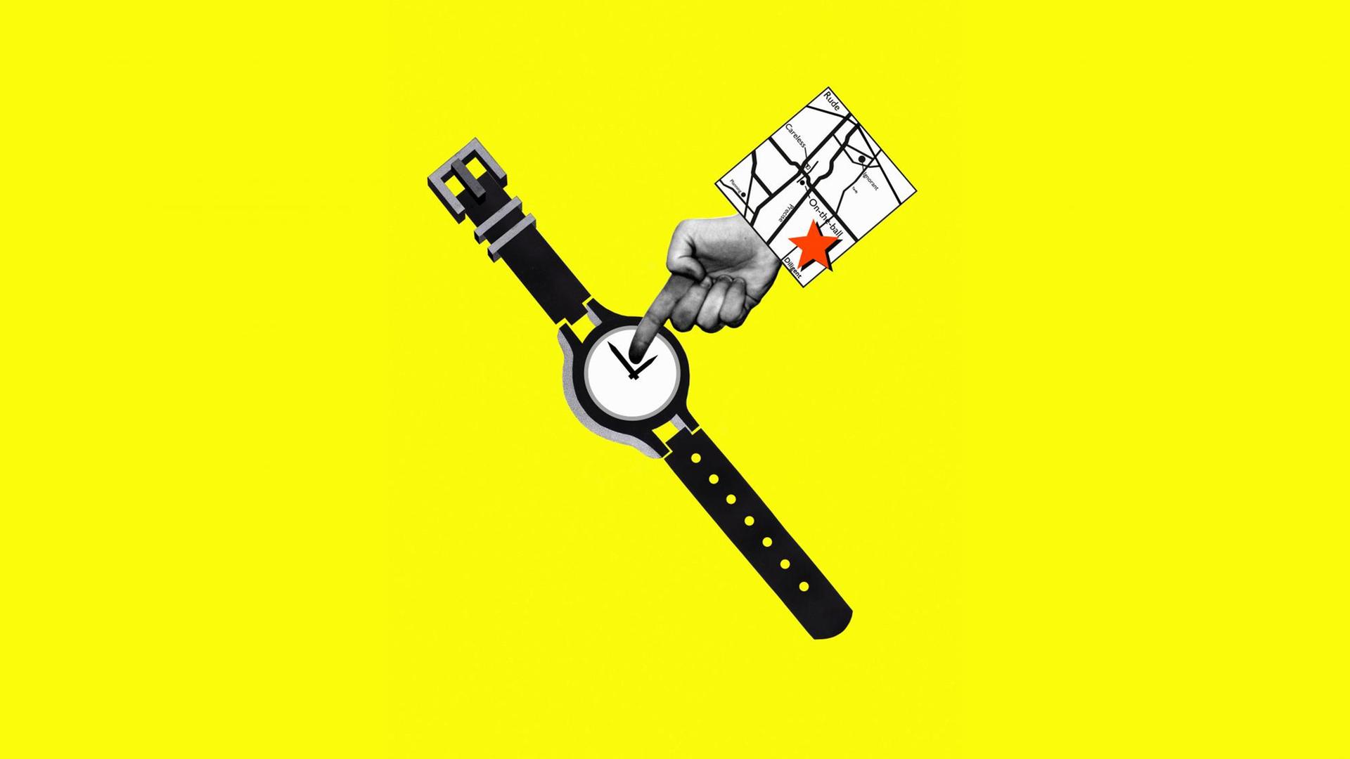 Illustration: Ein Finger zeigt auf ein Armbanduhr vor gelbem Hintergrund. Illustration: Ein Finger zeigt auf ein Armbanduhr vor gelbem Hintergrund.