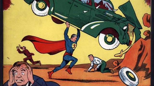 Cover der 1938er-Edition des Superman-Comics "Action Comics No. 1", Superman kommt darin zum allerersten Mal vor. Auf dem Bild hält Superman ein Auto in seinen Händen über dem Kopf und stößt es gegen einen Felsen.