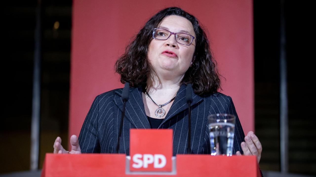 Das Foto zeigt die SPD-Partei- und Fraktionschefin Andrea Nahles am 28.10.2018 in Berlin.