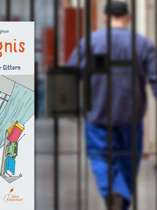 Im Vordergrund das Buchcover von "Im Gefängnis", im Hintergrund ein Häftling, der von einer Gittertür weggeht.