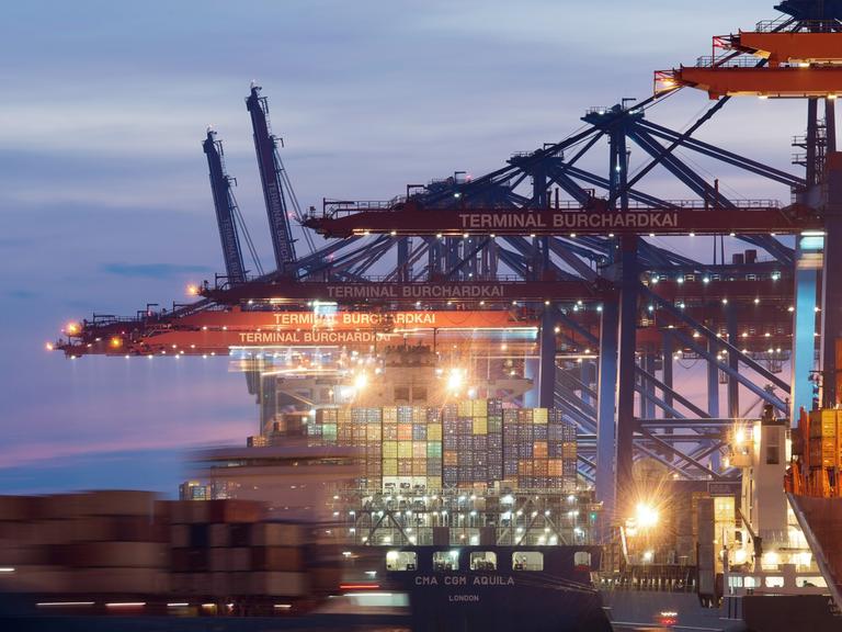 Containerschiffe kurz nach Sonnenuntergang im Hamburger Hafen am Terminal Burchardkai