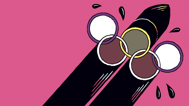 Die Illustration zeigt eine Kombination aus den Olympischen Ringen und einer Rakete. Die Illustration zeigt eine Kombination aus den Olympischen Ringen und einer Rakete.