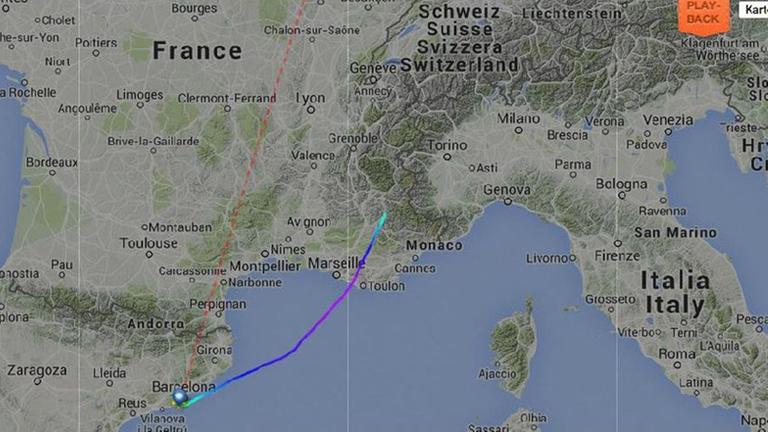 Dieser Screenshot von Flightradar zeigt den Kurs der Germanwings-Maschine am 24.03.2015 bis zur Absturzstelle in den französischen Alpen.