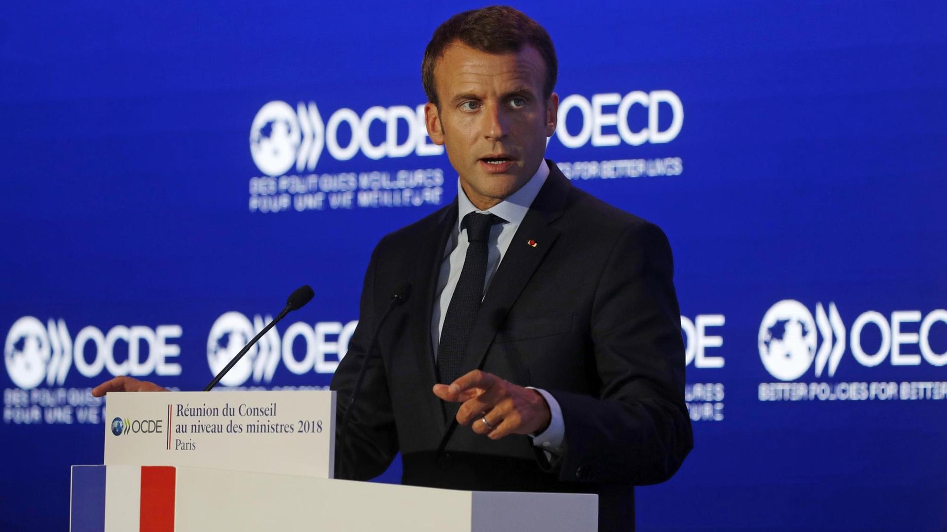 Frankreichs Präsident Macron bei der OECD in Paris. Frankreichs Präsident Macron bei der OECD in Paris.