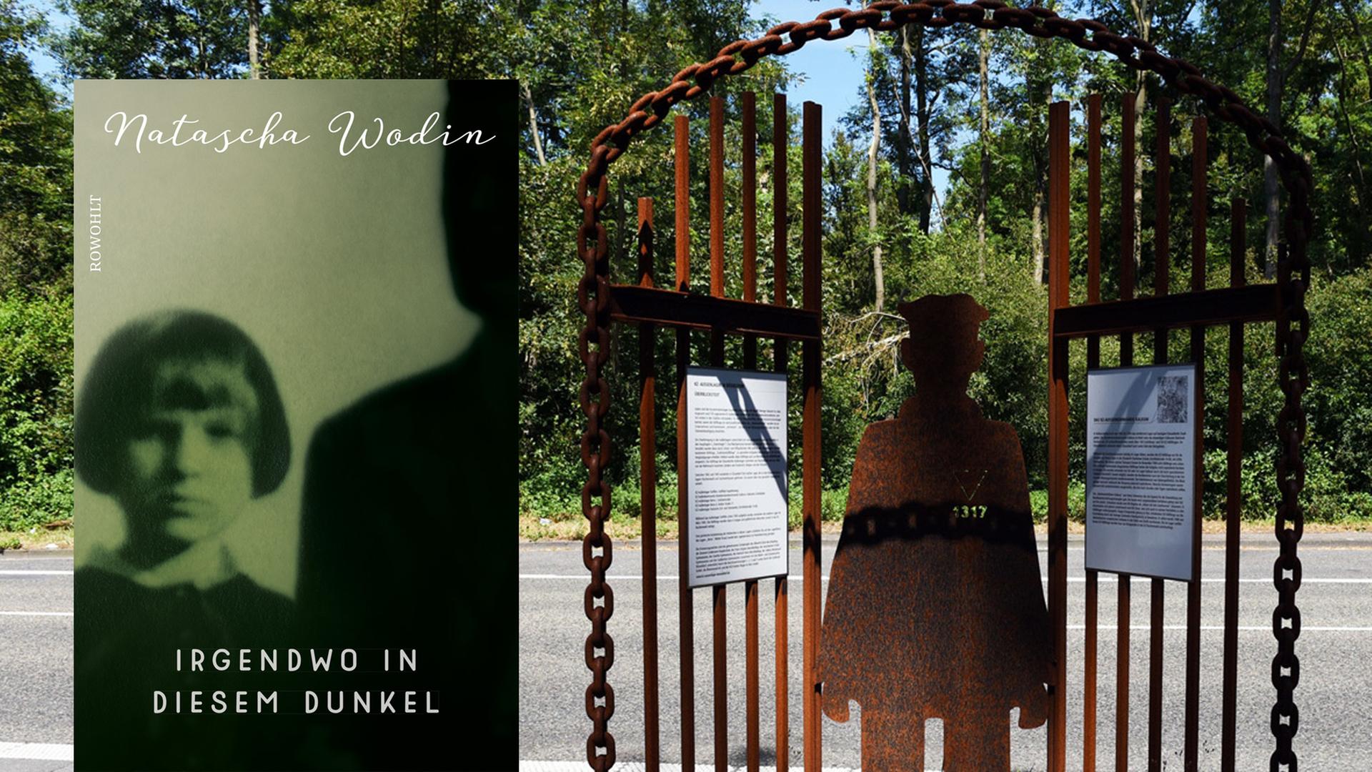 Buchcover Natascha Wodin "Irgendwo in diesem Dunkel" und ein Mahnmal für Zwangsarbeiter in Düsseldorf Buchcover Natascha Wodin "Irgendwo in diesem Dunkel" und ein Mahnmal für Zwangsarbeiter in Düsseldorf