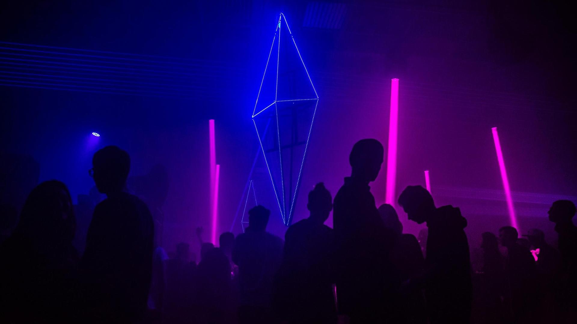 Silhouetten von tanzenden Menschen in einem Club, vor pinkten und blauen Neonröhren. Silhouetten von tanzenden Menschen in einem Club, vor pinkten und blauen Neonröhren.