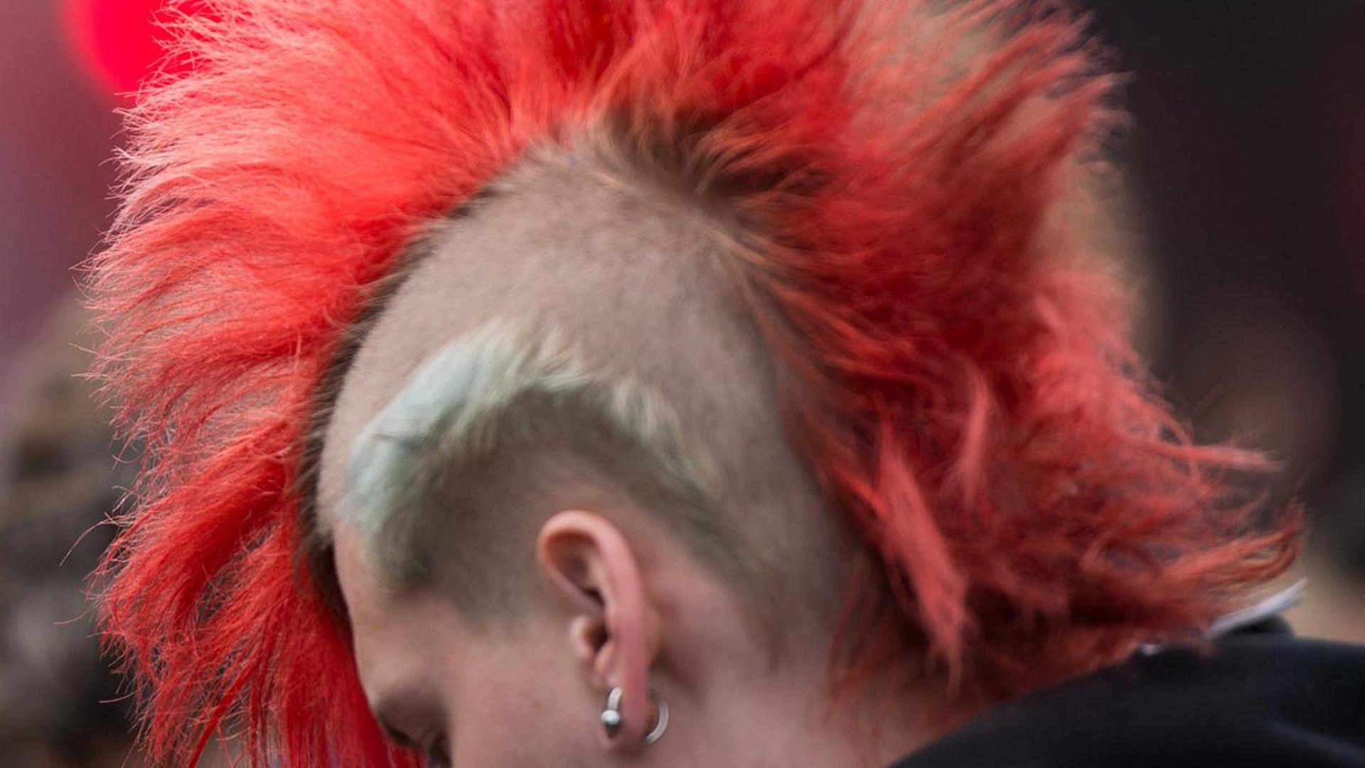 Ein Punk mit rotem Irokesenschnitt auf einer Demo. Foto: Maurizio Gambarini/dpa Ein Punk mit rotem Irokesenschnitt auf einer Demo. Foto: Maurizio Gambarini/dpa