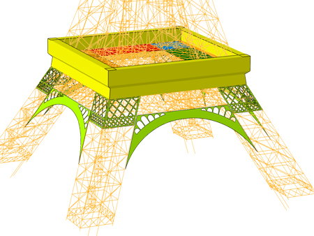 Die erste Etage des Eiffelturms im digitalen Modell. Insgesamt besteht das Modell aus 165.000 Elementen und 148.000 Knoten. Die erste Etage des Eiffelturms im digitalen Modell. Insgesamt besteht das Modell aus 165.000 Elementen und 148.000 Knoten.