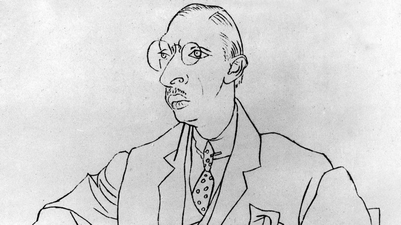 Bleistiftzeichnung von Pablo Picasso, der Igor mit markanter Nase und Brille zeigt. 
