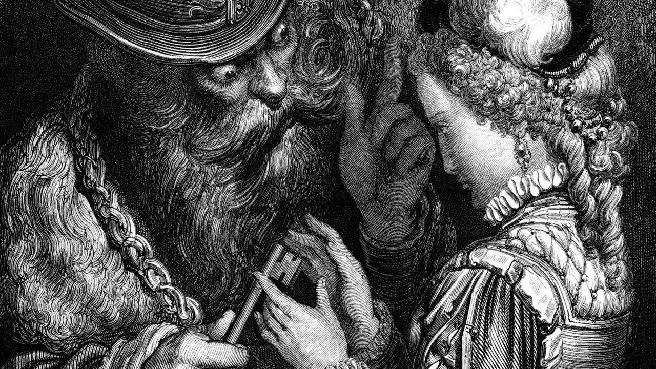 Illustration des bösen Ritters, der einer zarten Frau einen Schlüssel übergibt, von Gustave Dore. Illustration des bösen Ritters, der einer zarten Frau einen Schlüssel übergibt, von Gustave Dore.