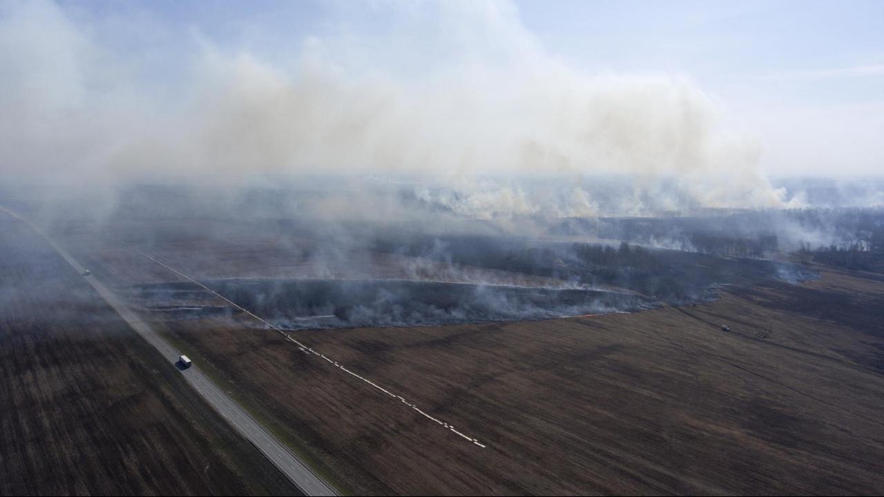 Eine Luftaufnahme eines Grasbrands und dicken Rauchsäulen, in den Feldern Sibiriens, entlang einer Straße.