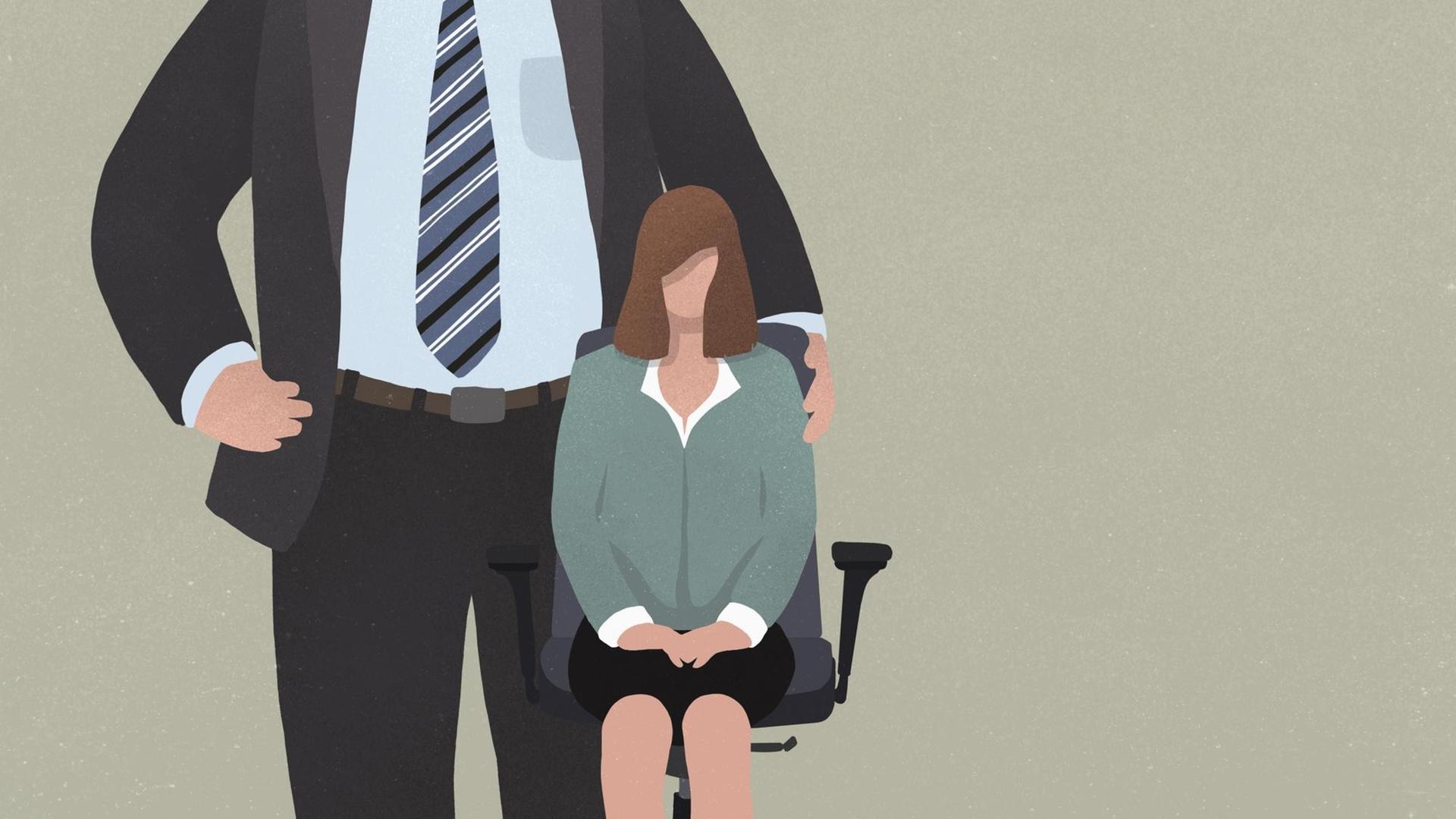 Illustration einer Frau, sitzend auf einem Bürostuhl. Hinter ihr ein überlebensgrosser Mann im Anzug. Illustration einer Frau, sitzend auf einem Bürostuhl. Hinter ihr ein überlebensgrosser Mann im Anzug.