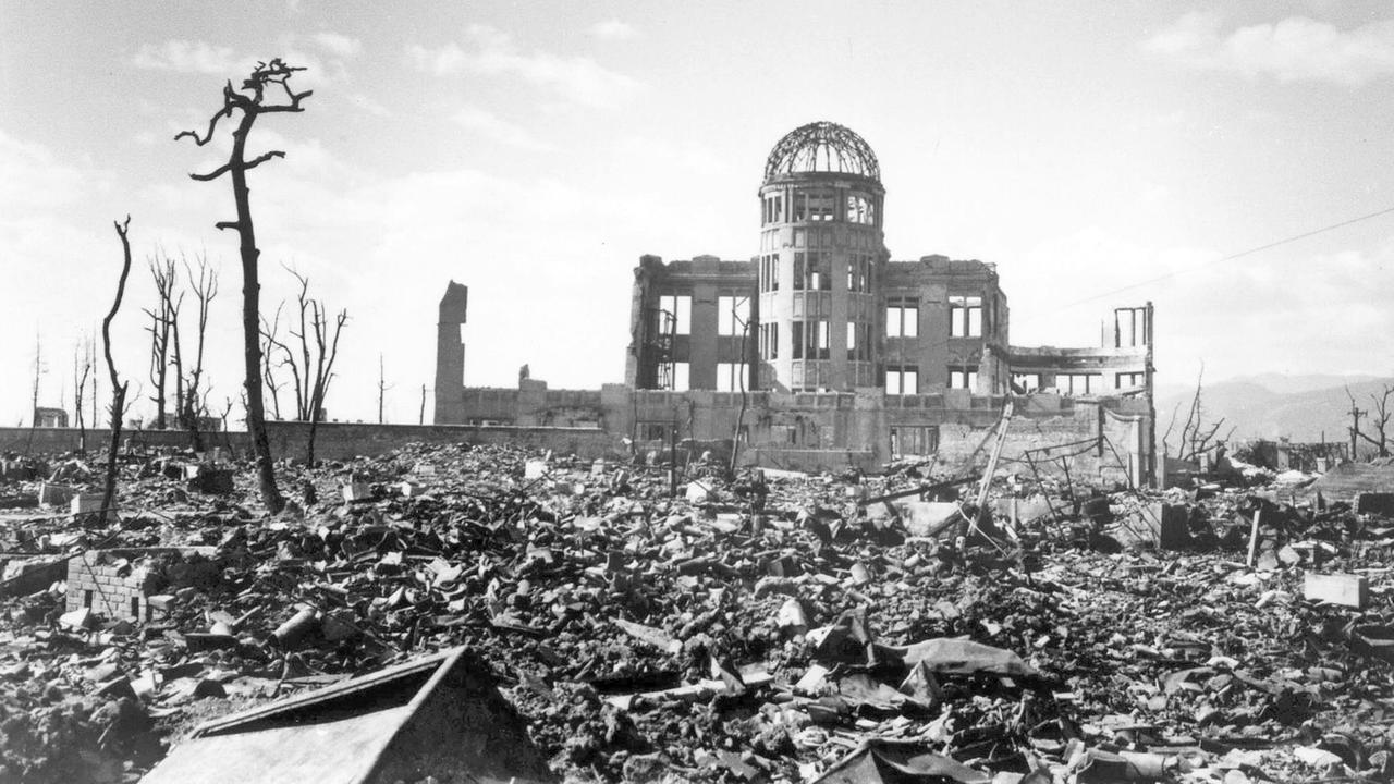 A handout photograph of Hiroshima A-bomb Dome photographed by U.S. military following atomic bomb drop on Hiroshima that killed over 140,000 people on 06 August 1945. The building, originally Hiroshima Prefectural Industrial Promotion Hall, was just160 meters northwest of the hypocenter. The skeletal structure of the dome standing above the cities ruins was a conspicuous landmark and has now becam