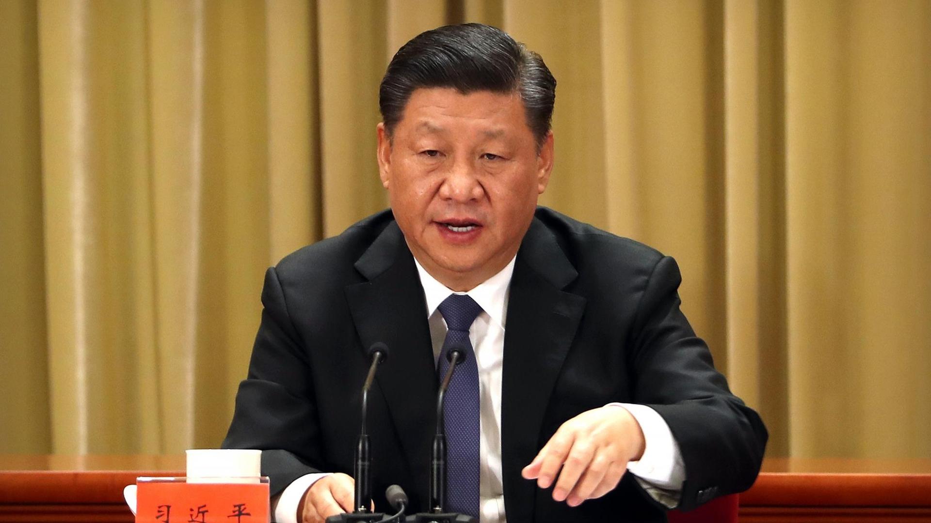 Xi sitzt an einem Tisch und spricht, vor sich eine Tasse Tee. Xi sitzt an einem Tisch und spricht, vor sich eine Tasse Tee.