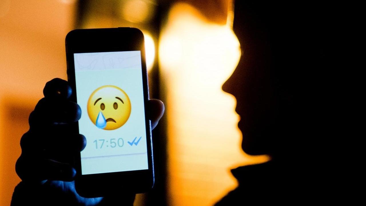 ILLUSTRATION - Ein junges Mädchen zeigt am 04.02.2017 das Display eines Smartphones mit einem weinenden Emoji beim Messenger «WhatsApp» (gestellte Szene). Wenn falsche Behauptungen oder Beleidigungen über einen Menschen in sozialen Netzwerken, bei Messengern wie WhatsApp und anderen Online-Diensten verbreitet werden, sprechen Fachleute von Cybermobbing. Am 7. Februar findet der Safer Internet Day mit dem Schwerpunktthema Cybermobbing statt. ILLUSTRATION - Ein junges Mädchen zeigt am 04.02.2017 das Display eines Smartphones mit einem weinenden Emoji beim Messenger «WhatsApp» (gestellte Szene). Wenn falsche Behauptungen oder Beleidigungen über einen Menschen in sozialen Netzwerken, bei Messengern wie WhatsApp und anderen Online-Diensten verbreitet werden, sprechen Fachleute von Cybermobbing. Am 7. Februar findet der Safer Internet Day mit dem Schwerpunktthema Cybermobbing statt.