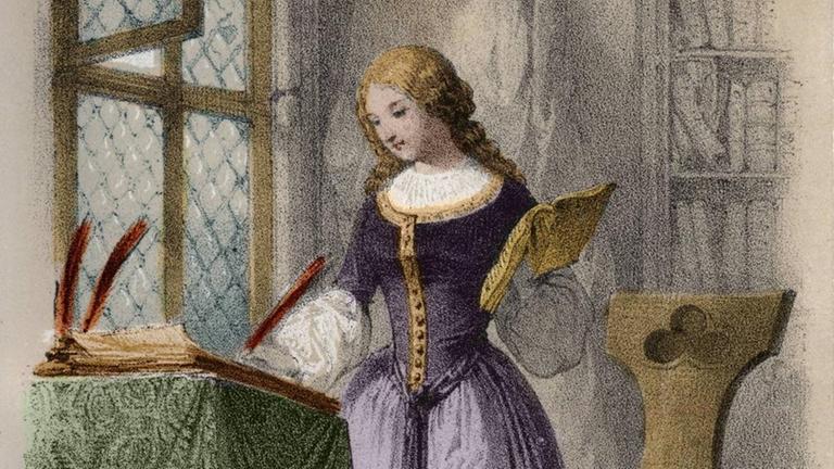 Porträt der französischen Philosophin und Schriftstellerin Christine von Pizan (1368-1430), aus "Les Femmes Illustres de L'Europe" um 1850 Porträt der französischen Philosophin und Schriftstellerin Christine von Pizan (1368-1430), aus "Les Femmes Illustres de L'Europe" um 1850