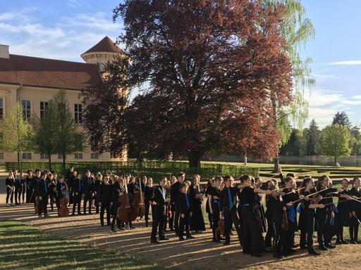 Die Mitglieder der Deutschen Streicherphilharmonie stehen im Park vor Schloss Rheinsberg.