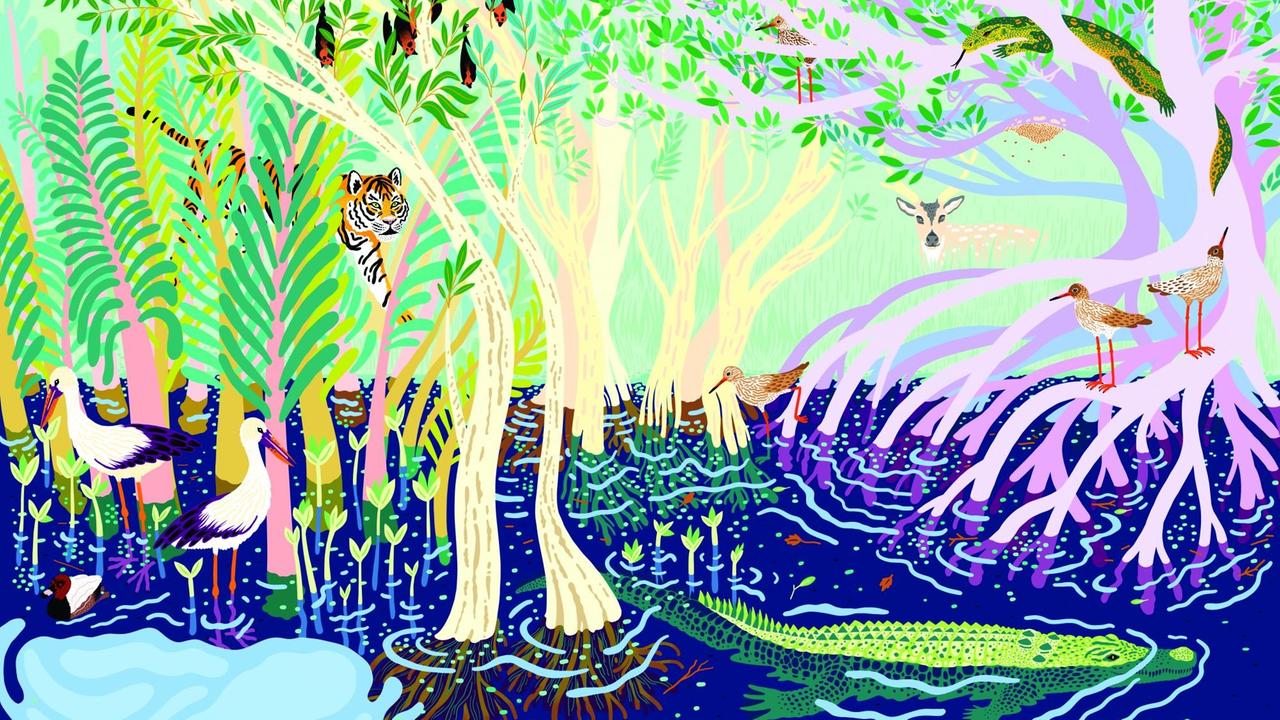 Seite aus einem Bilderbuch: Eine sumpfige Urwaldszene mit Tiger, Hirsch, Vögeln, Krokodil.