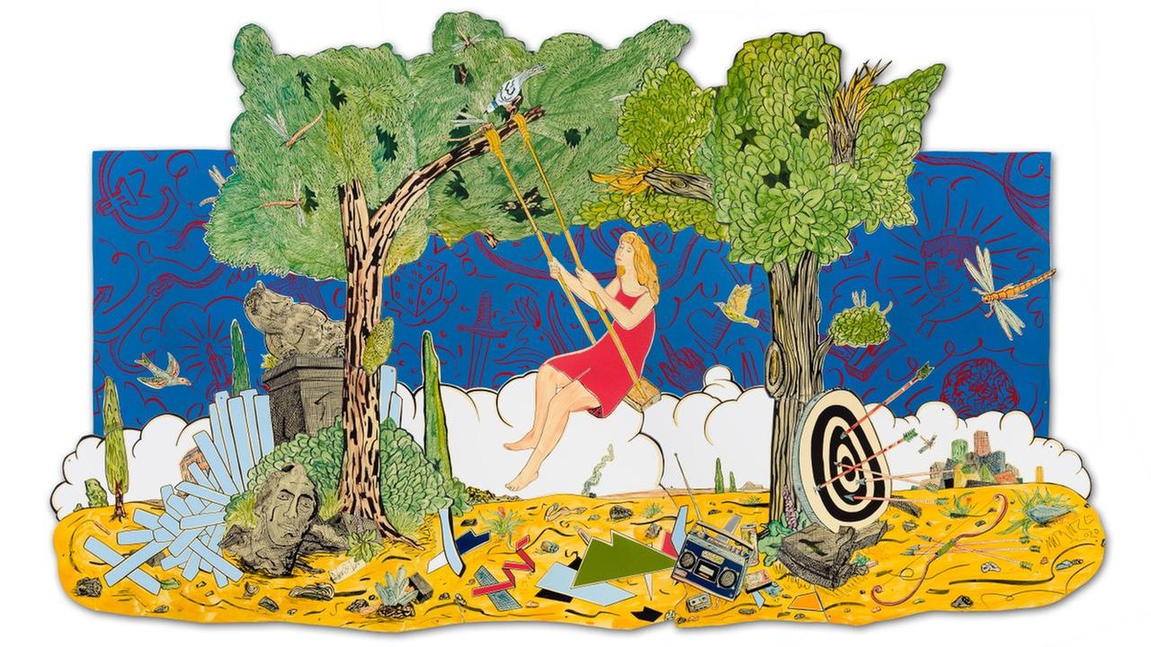 Zu sehen ist eine bunte Zeichnung des Künsterls Moritz Götze, in deren Mittelpunkt eine junge Frau mit rotem Kleid auf deiner Schaukel sitzt, die an einem Baum befestigt ist.