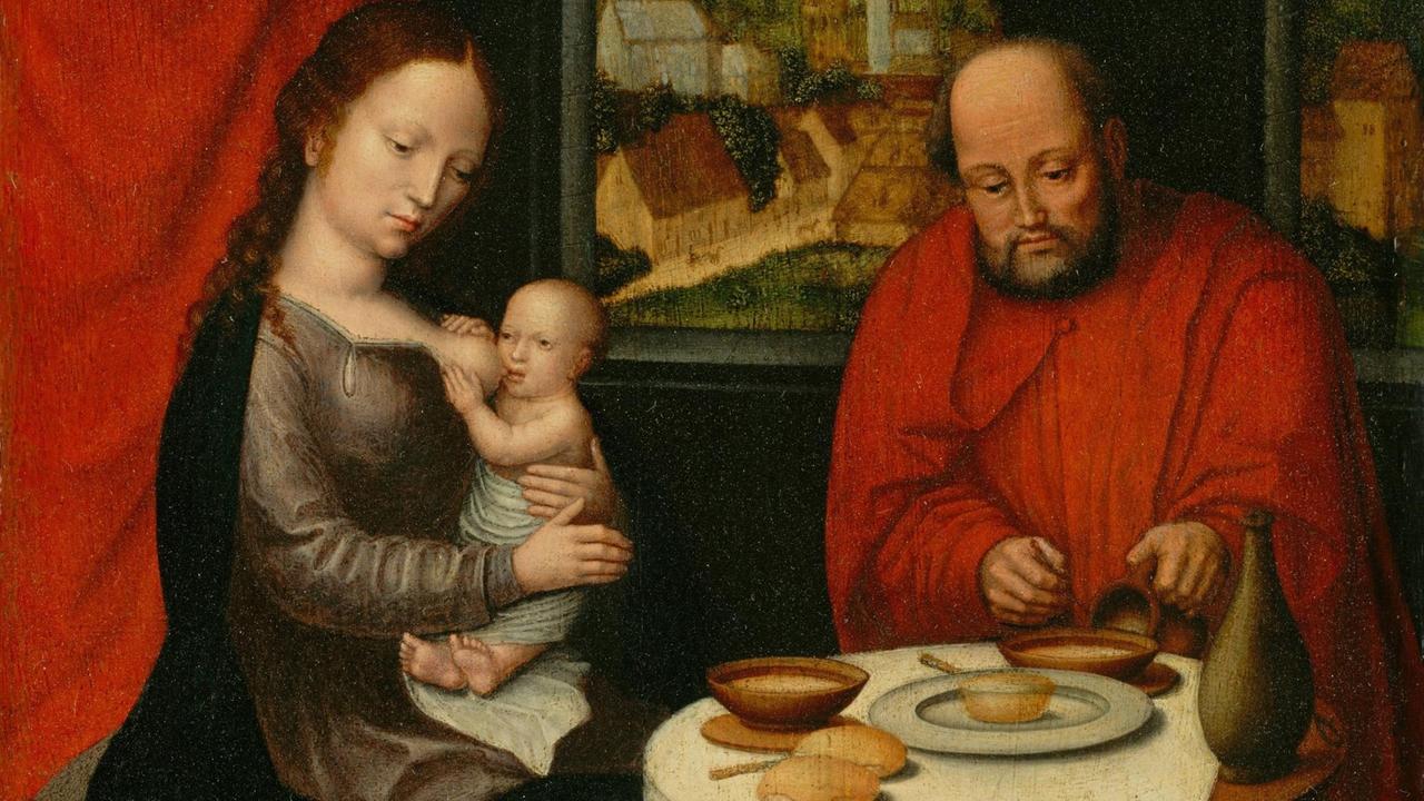 Ein Gemälde eines unbekannten niederländischen Malers aus dem 16. Jahrhundert zeigt die Heilige Familie beim Abendbrot Ein Gemälde eines unbekannten niederländischen Malers aus dem 16. Jahrhundert zeigt die Heilige Familie beim Abendbrot