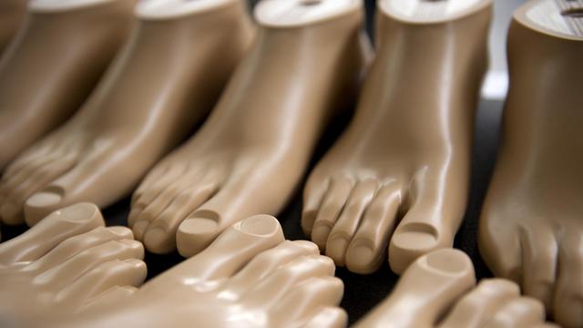 Fußprothesen aus Polyurethan-Kunststoff (PU-Kunststoff) stehen am 22.08.2012 bei dem Medizintechnik-Hersteller Ottobock in Duderstadt in einem Regal.