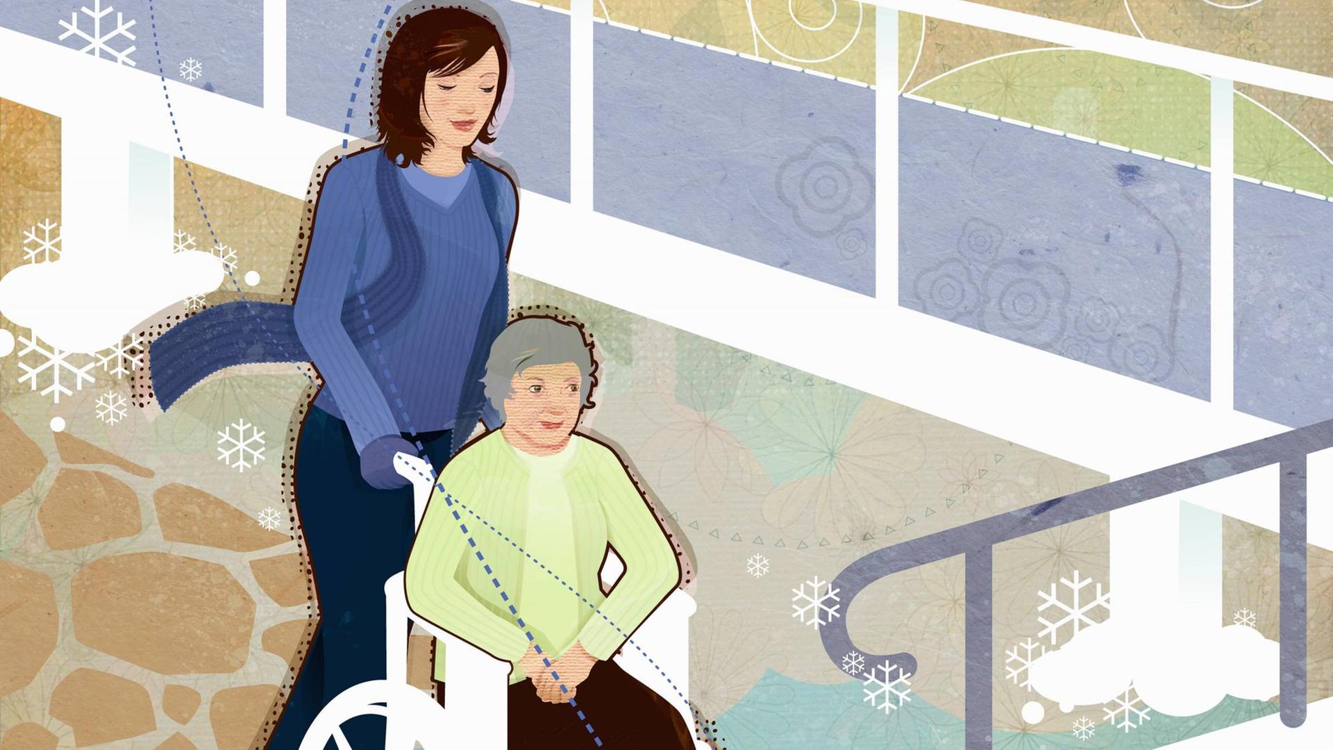 Die Illustration zeigt eine Frau, die eine ältere Frau im Rollstuhl schiebt. Die Illustration zeigt eine Frau, die eine ältere Frau im Rollstuhl schiebt.