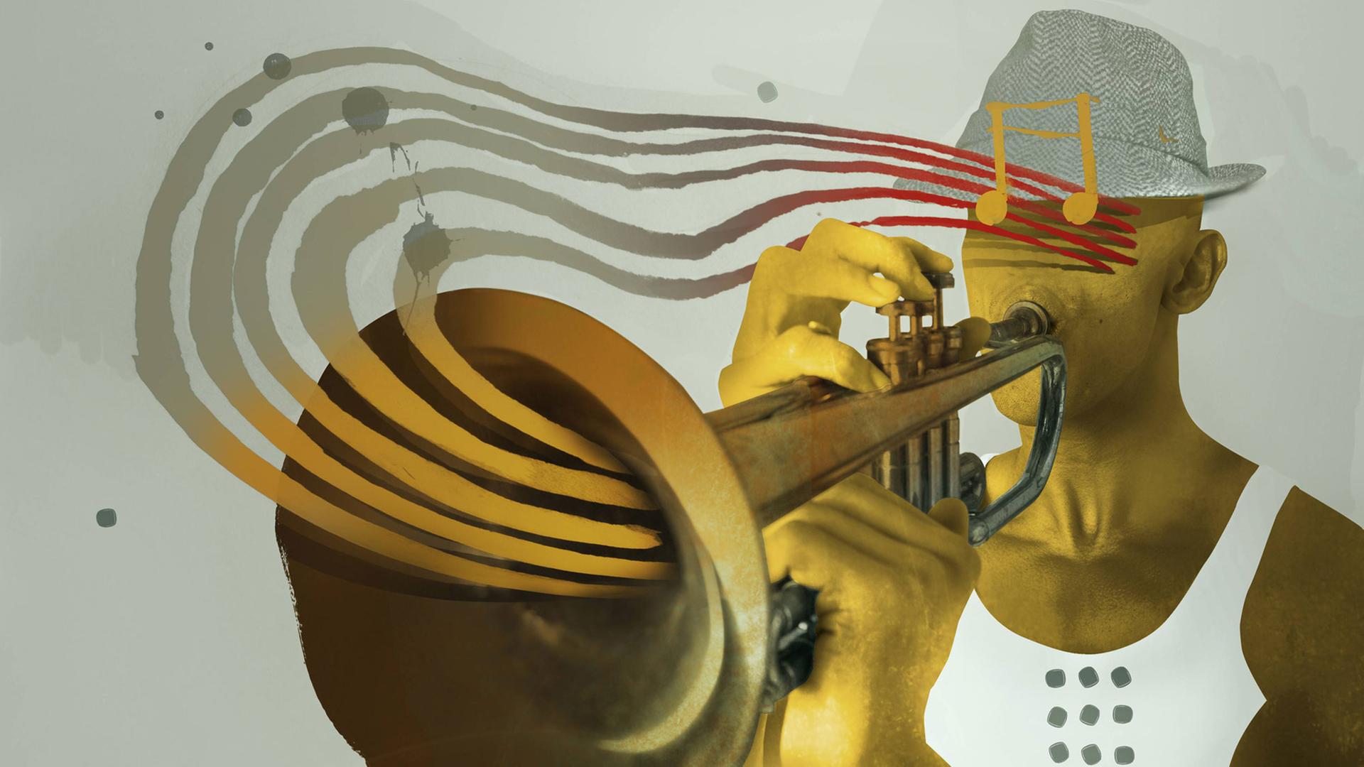 Illustration mit einem Musiker, der Trompete spielt. Illustration mit einem Musiker, der Trompete spielt.