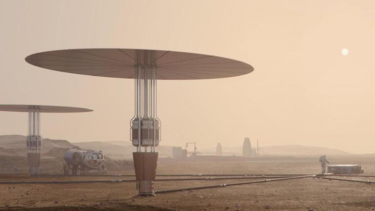 Große, tellerförmige Turm-Installationen in einer Wüstenlandschaft. Große, tellerförmige Turm-Installationen in einer Wüstenlandschaft.