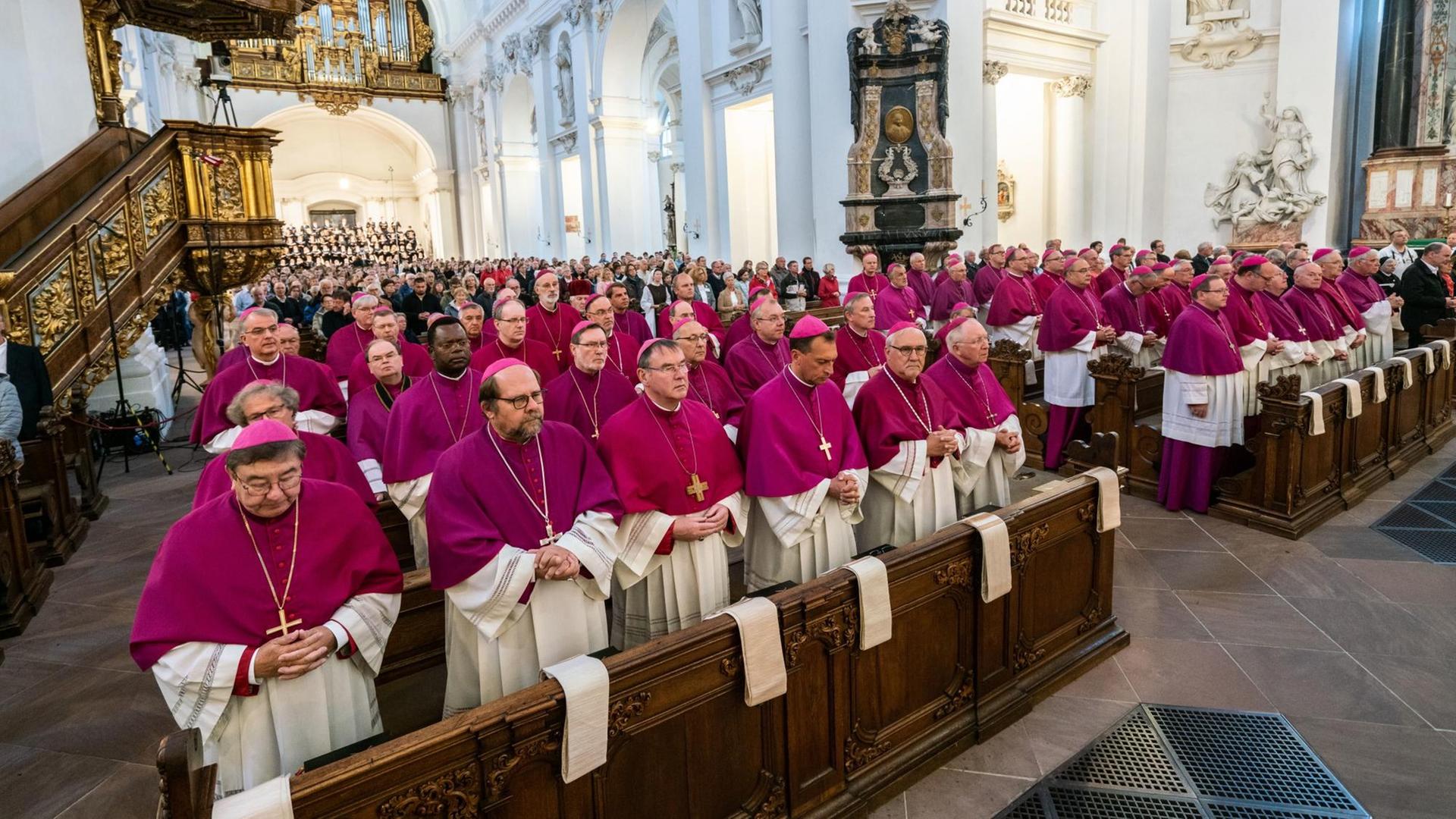 Dutzende Bischöfe stehen in violetten Gewändern in den Gebetsbänken. Dutzende Bischöfe stehen in violetten Gewändern in den Gebetsbänken.
