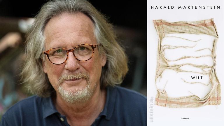 Harald Martenstein: "Wut" Zu sehen sind der Autor und das Buchcover, auf dem ein überaus stark zerschlissenes Geschirrhandtuch zu sehen ist.