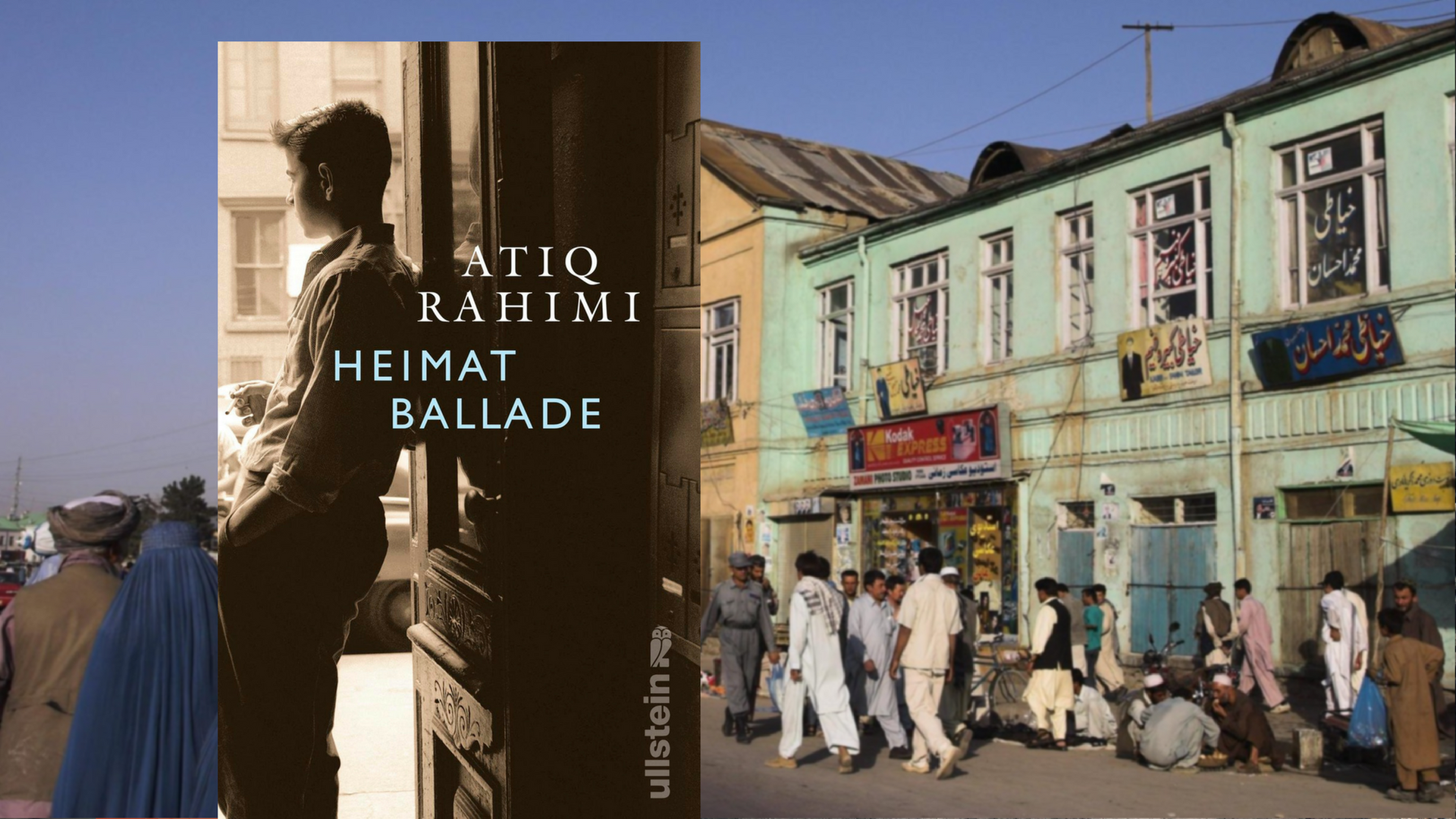 Buchcover. "Heimatballade" von Atiq Rahimi, im Hintergrund: Eine Straßenszene in der afghanischen Hauptstadt Kabul Buchcover. "Heimatballade" von Atiq Rahimi, im Hintergrund: Eine Straßenszene in der afghanischen Hauptstadt Kabul
