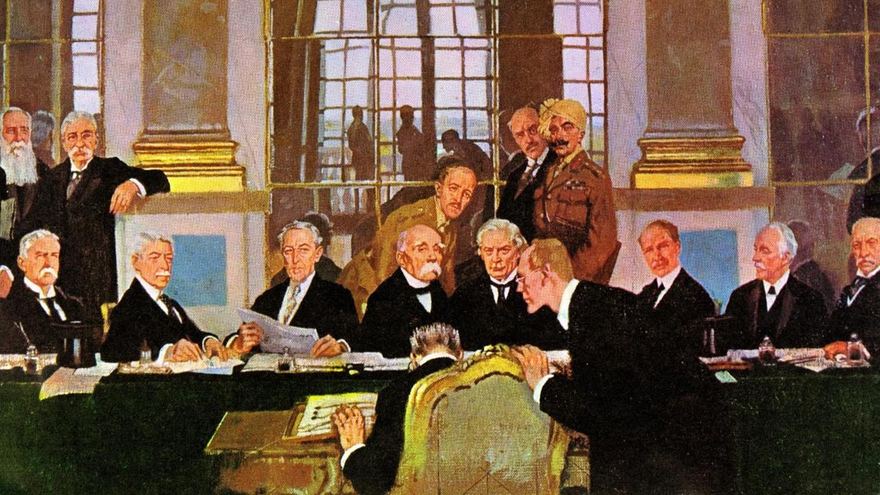 Ein Gemälde von Sir William Orpen, auf dem die Vertragsunterzeichnung von Versailles 1919 festgehalten ist. Ein Gemälde von Sir William Orpen, auf dem die Vertragsunterzeichnung von Versailles 1919 festgehalten ist.
