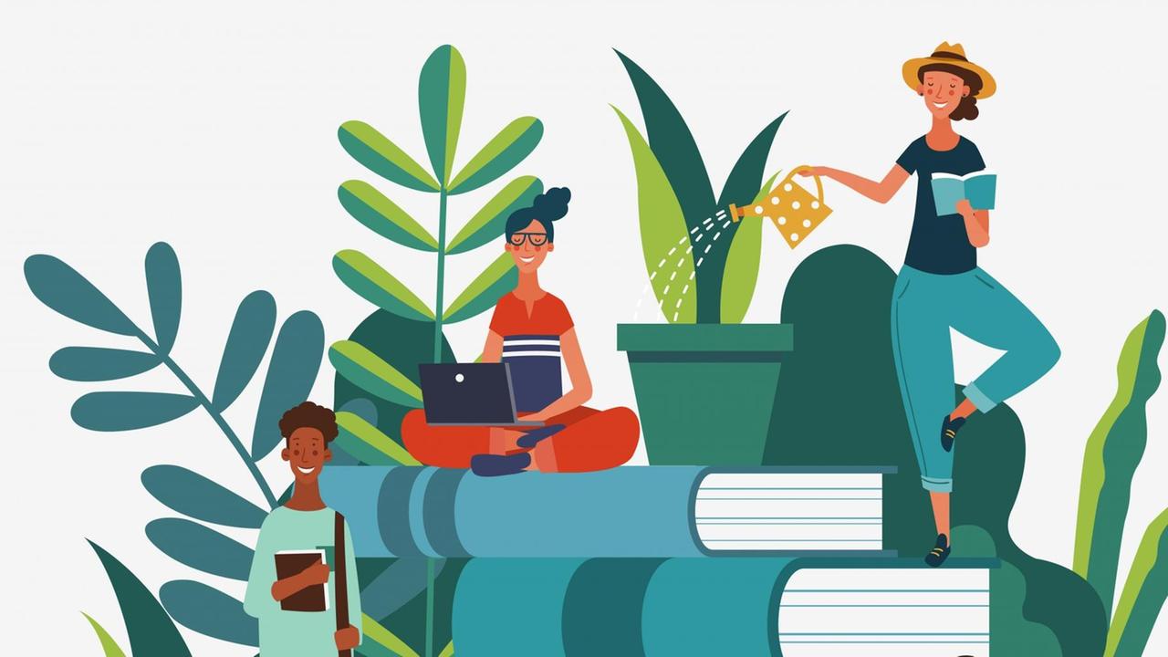 In der Illustrationen sitzen Menschen zwischen Büchern und Pflanzen und gehen verschiedenen Tätigkeiten nach. In der Illustrationen sitzen Menschen zwischen Büchern und Pflanzen und gehen verschiedenen Tätigkeiten nach.