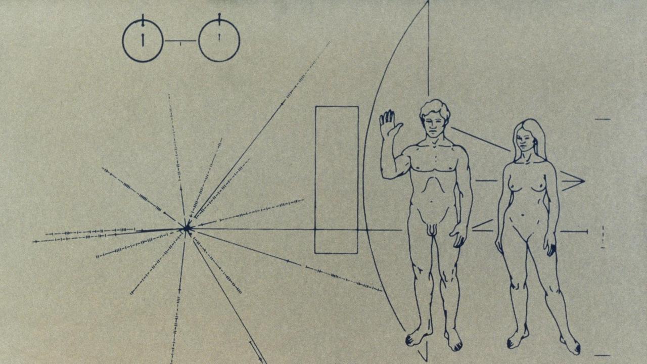 Auf diesem Erkennungsschild der NASA, das an der Außenseite einer 1972 ins Weltall gestarteten Pioneer-Raumsonde angebracht wurde, sind die menschlichen Wesen Mann und Frau und ein Wasserstoff-Atom abgebildet. Zudem soll die Zeichnung außerirdischen Intelligenzen ermöglichen, die Herkunft und den Startzeitpunkt der Sonde zu bestimmen.