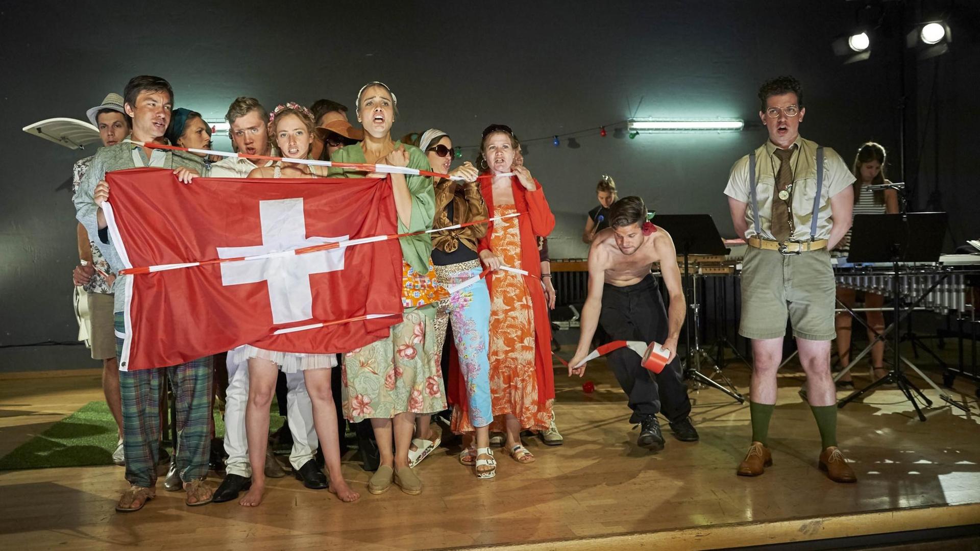 Generlprobe der Oper "Eine Schweizer Familie" in der Aula dar alpinen Mittelschule Davos am Davos Festivl 2016, vom 6. - 20. August 2016. Thema "Familienzone".
