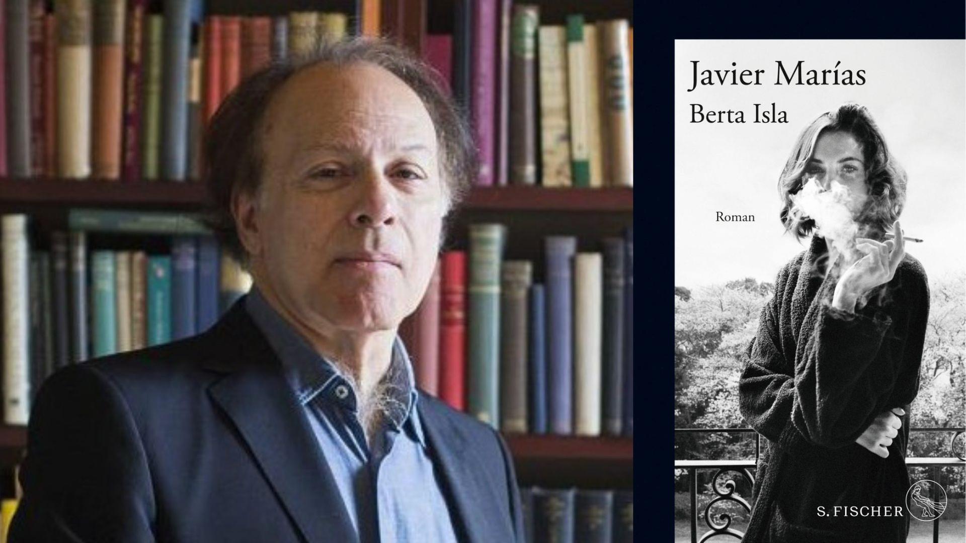 Zu sehen ist der Autor Javier Marías vor einer Bücherwand und sein Roman "Berta Isla".
