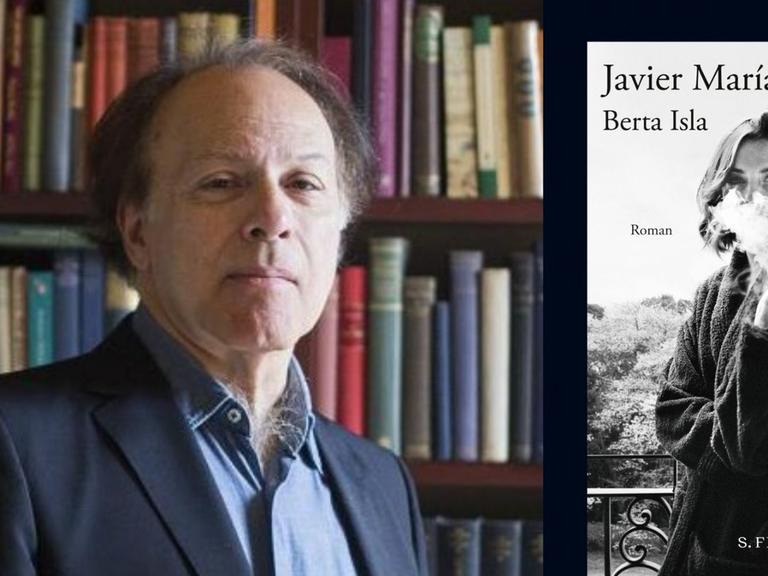 Zu sehen ist der Autor Javier Marías vor einer Bücherwand und sein Roman "Berta Isla".