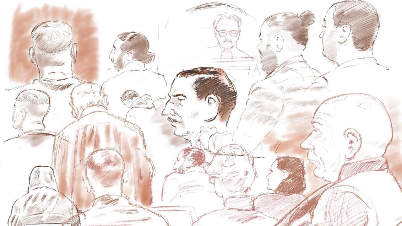 Skizze von Verdächtigen während einer Pro-forma-Sitzung im großen Liquidationsprozess Marengo. 