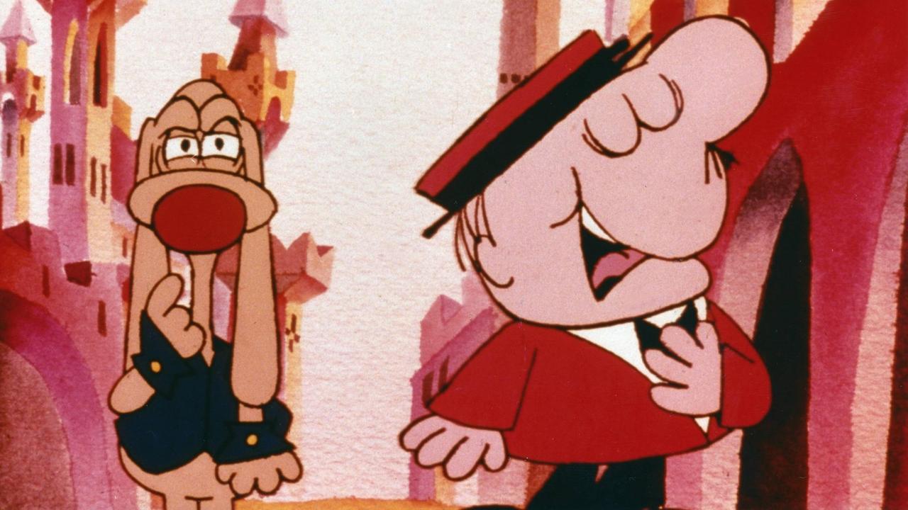 Die Zeichentrickfiguren Herr Rossi und sein Hund Gaston schneiden Grimassen.