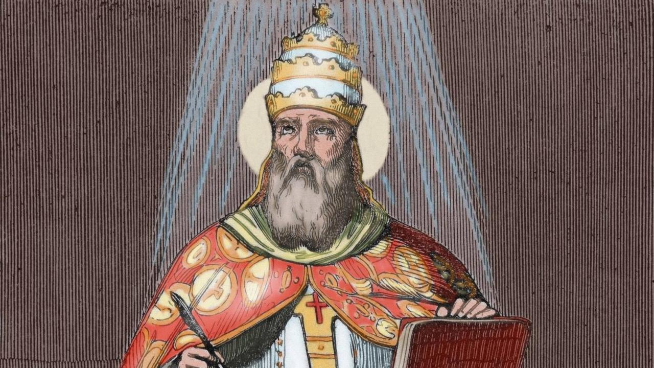 Kolorierte Gravur von Papst Damasus I - er sitzt im Ornat auf einem Thron, ein Licht scheint ihm vom Himmel her
