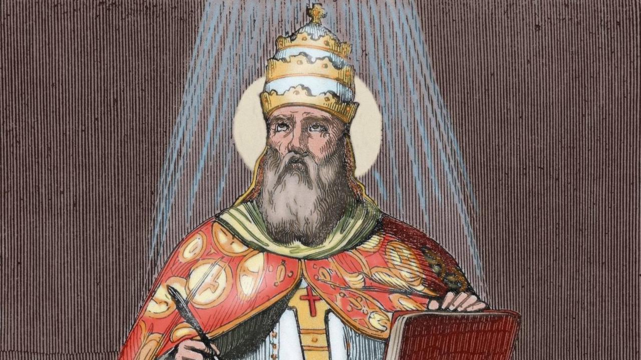 Kolorierte Gravur von Papst Damasus I - er sitzt im Ornat auf einem Thron, ein Licht scheint ihm vom Himmel her
Kolorierte Gravur von Papst Damasus I - er sitzt im Ornat auf einem Thron, ein Licht scheint ihm vom Himmel her