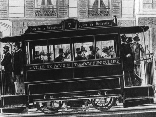 Zeitgenössische Darstellung einer Pariser Kabel-Straßenbahn um die Jahrhundertwende.