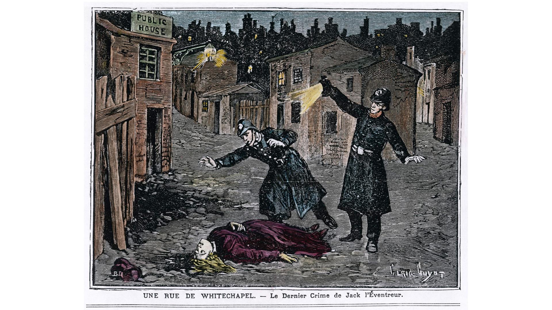 Die Entdeckung eines der Opfer der Whitechapel-Morde im Jahr 1888. Die Entdeckung eines der Opfer der Whitechapel-Morde im Jahr 1888.