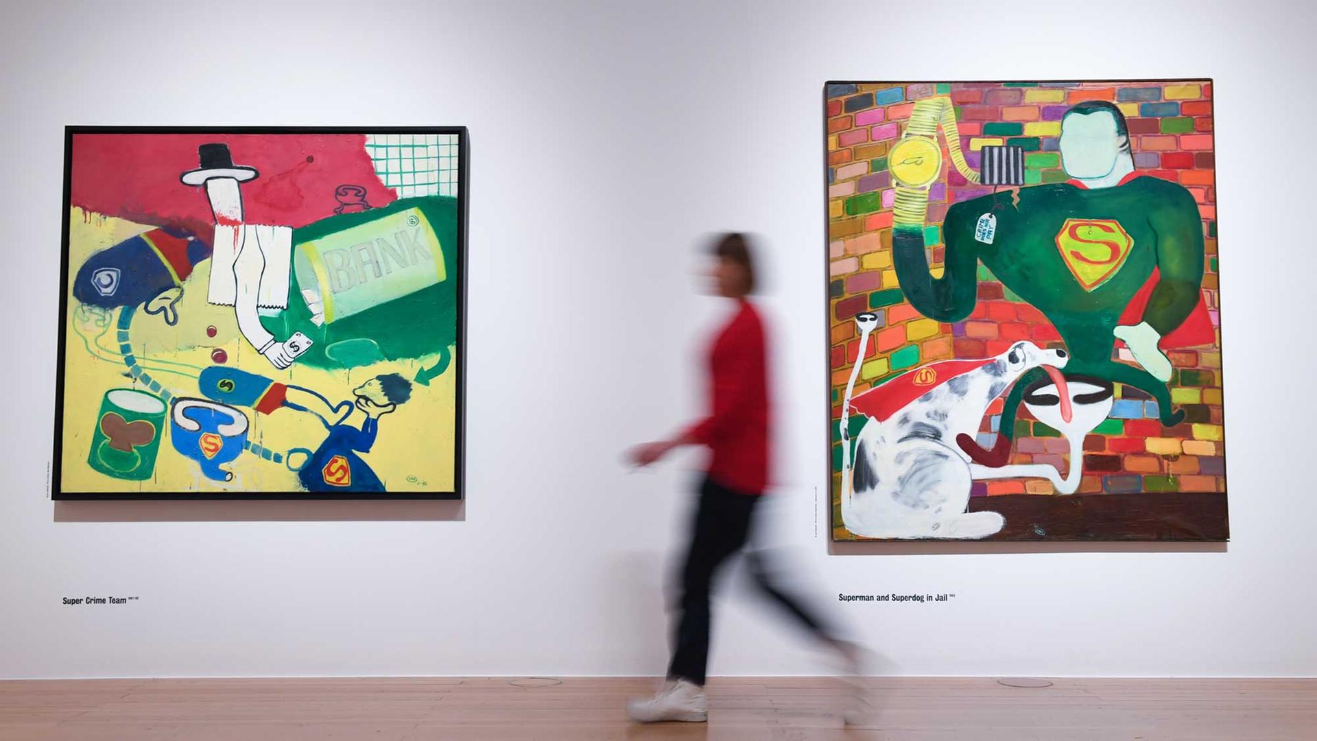 Die Ölgemälde (l-r) "Super Crime Team (1961/62)" und "Superman and Superdog in Jail (1963)" des US-amerikanischen Künstlers Peter Saul werden am 01.06.2017 in der Kunsthalle Schirn in Frankfurt am Main (Hessen) gezeigt. Die Ölgemälde (l-r) "Super Crime Team (1961/62)" und "Superman and Superdog in Jail (1963)" des US-amerikanischen Künstlers Peter Saul werden am 01.06.2017 in der Kunsthalle Schirn in Frankfurt am Main (Hessen) gezeigt.