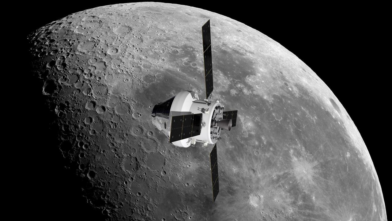 Das Raumschiff Orion mit dem European Service Module in der Mondumlaufbahn (Montage)