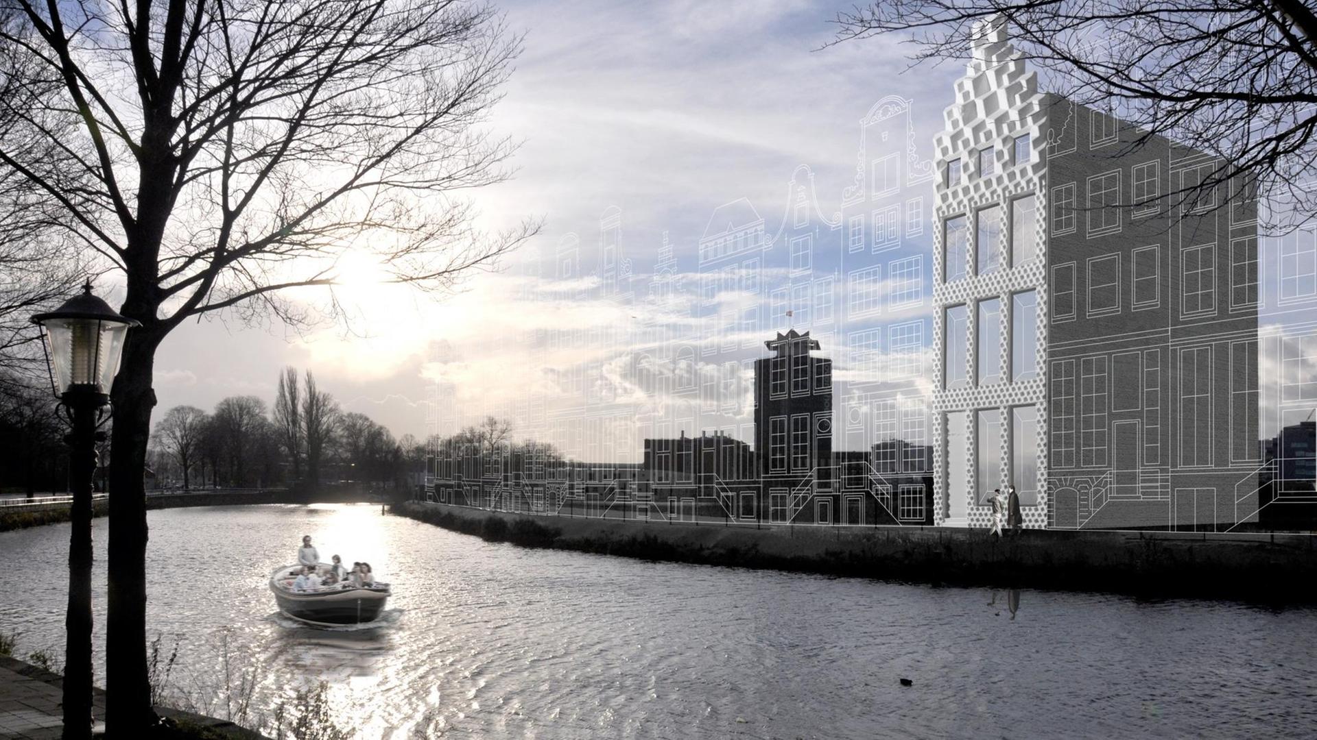 Eine künstlerische Darstellung zeigt ein Haus an einer Gracht in Amsterdam. Das Haus soll nach Plänen vollständig aus Teilen gebaut werden, die mit einem 3D-Drucker produziert werden sollen. Eine künstlerische Darstellung zeigt ein Haus an einer Gracht in Amsterdam. Das Haus soll nach Plänen vollständig aus Teilen gebaut werden, die mit einem 3D-Drucker produziert werden sollen.