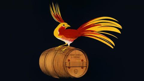 Werbeplakat für Albert Robin Cognac illustriert vom Plakatkünstler Leonetto Cappiello um 1910. Es zeigt einen bunten Vogel auf einem Cognac-Fass.